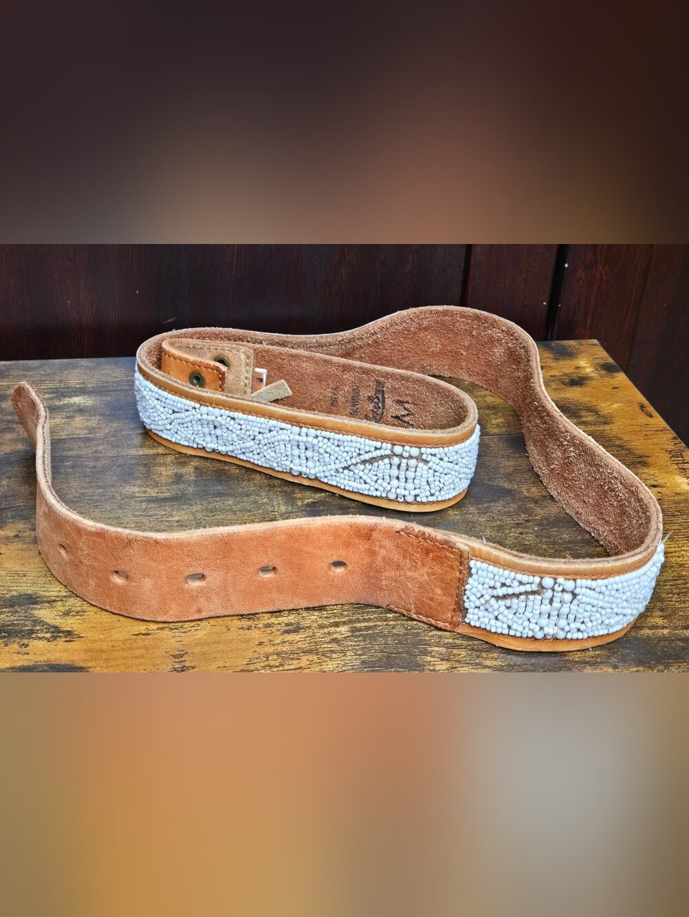 Lucky Brand Brown Leather White Beaded Wide Belt Size M Medium Interchangeable
